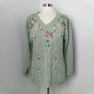 Handmade Vintage Bobbie Brooks Mint Green Floral V-Neck Knit Sweater Size Large